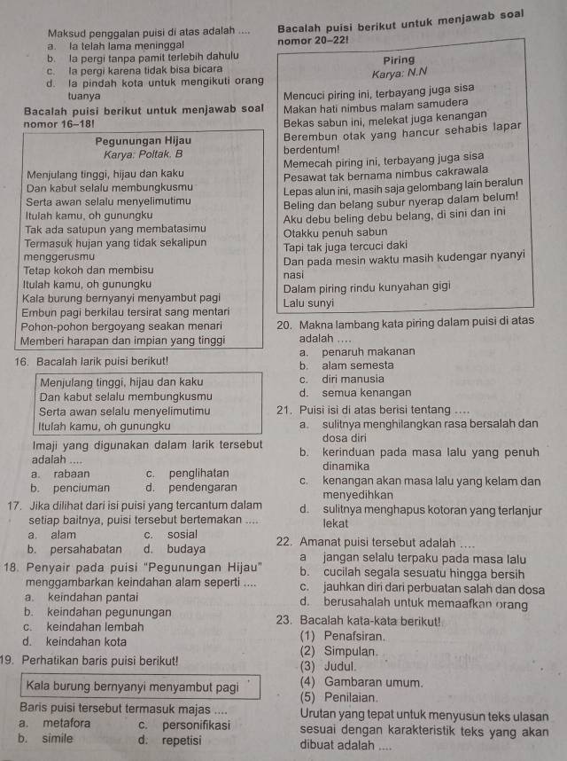 Maksud penggalan puisi di atas adalah .... Bacalah puisi berikut untuk menjawab soal
a. la telah lama meninggal nomor 20-22!
b. la pergi tanpa pamit terlebih dahulu
c. la pergi karena tidak bisa bicara Piring
Karya: N.N
d. la pindah kota untuk mengikuti orang
tuanya
Bacalah puisi berikut untuk menjawab soal Mencuci piring ini, terbayang juga sisa
Makan hati nimbus malam samudera
nomor 16-18!
Bekas sabun ini, melekat juga kenangan
Pegunungan Hijau Berembun otak yang hancur sehabis lapar
Karya: Poltak. B berdentum!
Menjulang tinggi, hijau dan kaku Memecah piring ini, terbayang juga sisa
Dan kabut selalu membunqkusmu Pesawat tak bernama nimbus cakrawala
Serta awan selalu menyelimutimu Lepas alun ini, masih saja gelombang lain beralun
Itulah kamu, oh gunungku Beling dan belang subur nyerap dalam belum!
Tak ada satupun yang membatasimu Aku debu beling debu belang, di sini dan ini
Termasuk hujan yang tidak sekalipun Otakku penuh sabun
menggerusmu Tapi tak juga tercuci daki
Tetap kokoh dan membisu nasi Dan pada mesin waktu masih kudengar nyanyi
Itulah kamu, oh gunungku
Kala burung bernyanyi menyambut pagi Dalam piring rindu kunyahan gigi
Embun pagi berkilau tersirat sang mentari Lalu sunyi
Pohon-pohon bergoyang seakan menari 20. Makna lambang kata piring dalam puisi di atas
Memberi harapan dan impian yang tinggi adalah …
16. Bacalah larik puisi berikut! b. alam semesta a. penaruh makanan
Menjulang tinggi, hijau dan kaku c. diri manusia
Dan kabut selalu membungkusmu d. semua kenangan
Serta awan selalu menyelimutimu 21. Puisi isi di atas berisi tentang ....
Itulah kamu, oh gunungku a sulitnya menghilangkan rasa bersalah dan
dosa diri
Imaji yang digunakan dalam larik tersebut b. kerinduan pada masa lalu yang penuh
adalah .... dinamika
a rabaan c. penglihatan
b. penciuman d. pendengaran c. kenangan akan masa lalu yang kelam dan
menyedihkan
17. Jika dilihat dari isi puisi yang tercantum dalam d. sulitnya menghapus kotoran yang terlanjur
setiap baitnya, puisi tersebut bertemakan .... lekat
a. alam c. sosial
b. persahabatan d. budaya 22. Amanat puisi tersebut adalah …
a jangan selalu terpaku pada masa lalu
18. Penyair pada puisi "Pegunungan Hijau" b. cucilah segala sesuatu hingga bersih
menggambarkan keindahan alam seperti .... c. jauhkan diri dari perbuatan salah dan dosa
a. keindahan pantai d. berusahalah untuk memaafkan orang
b. keindahan pegunungan 23. Bacalah kata-kata berikut!
c. keindahan lembah
d. keindahan kota (1) Penafsiran.
(2) Simpulan.
19. Perhatikan baris puisi berikut! (3) Judul.
(4) Gambaran umum.
Kala burung bernyanyi menyambut pagi (5) Penilaian.
Baris puisi tersebut termasuk majas .... Urutan yang tepat untuk menyusun teks ulasan
a. metafora c. personifikasi sesuai dengan karakteristik teks yang akan 
b. simile d. repetisi dibuat adalah  _