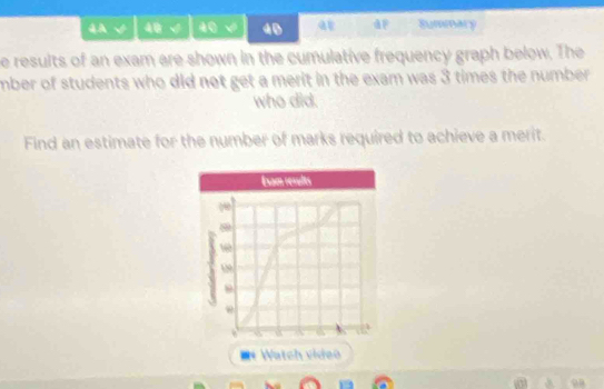 4A √ 40 √ 40 40 a F Summary 
e results of an exam are shown in the cumulative frequency graph below. The 
mber of students who did not get a merit in the exam was 3 times the number. 
who did. 
Find an estimate for the number of marks required to achieve a merit.
98