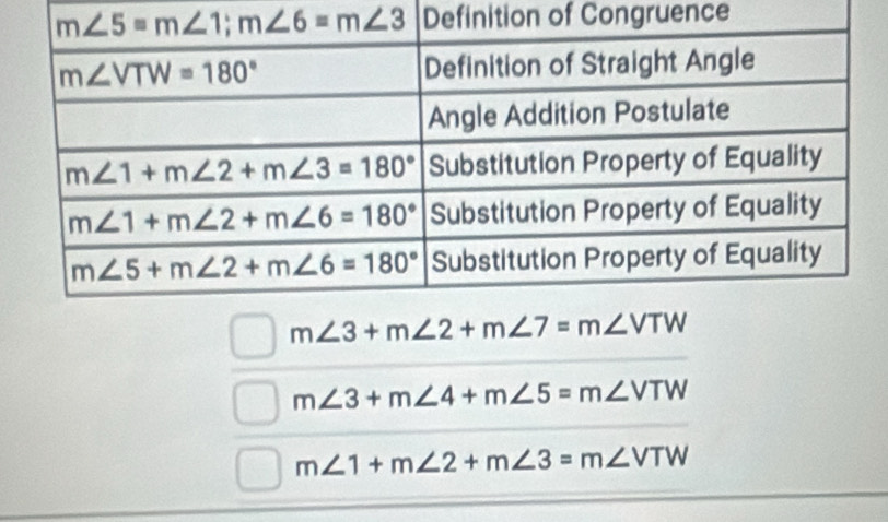 Definition of Congruence
m∠ 3+m∠ 4+m∠ 5=m∠ VTW
m∠ 1+m∠ 2+m∠ 3=m∠ VTW