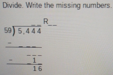 Divide. Write the missing numbers.
beginarray r □ □  5encloselongdiv 5,44444 hline □ -□ □ endarray