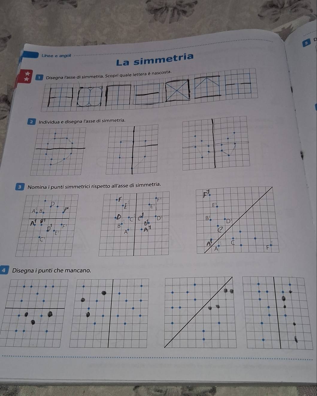 Linee e angoli 
La simmetria 
2 Individua e disegna l’asse di simmetria. 
3 Nomina i punti simmetrici rispetto all’asse di simmetria. 
B 
R 
A 
4 Disegna i punti che mancano.