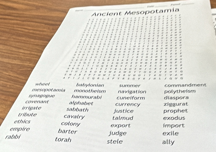 at _Pand
_
r
_
Ancient Mesopotamía
a 
a
, ' . . .
. 
, . * 


. , . " A “… 
a
. " " , 

* W--。。。。。- 。 
. 
_ M M U
A . . 
" " " 4 r * 6 D B s 0B
" . " 0 * " 6 " 6 . × -
A w θ 7 θ 0
" " 0 . 6
A " 6 9 " L a U a
wheel babylonian summer commandment
mesopotamía monotheism navigation polytheism
synagogue hammurabi cuneiform diaspora
covenant alphabet currency ziggurat
irrigate sabbath justice
prophet
tribute cavalry talmud exodus
ethics colony
export import
empire barter
judge exile
rabbi torah
stele ally