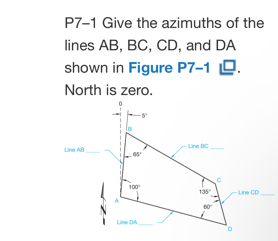 Solved: P7-1 Give the azimuths of the lines AB, BC, CD, and DA shown in ...