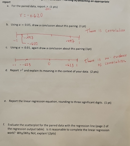 report Turning in/attaching an appropriate 
a. For the paired data, report _r'. (1 pts) 
b.Using alpha =0.05 , draw a conclusion about this pairing. (1 pt) 
c. Using alpha =0.01 , again draw a conclusion about this pairing (1pt) 
d. Report r^2 and explain its meaning in the context of your data. (2 pts) 
e. Report the linear regression equation, rounding to three significant digits. (1 pt) 
f. Evaluate the scatterplot for the paired data with the regression line (page 2 of 
the regression output table). Is it reasonable to complete the linear regression 
work? Why/Why Not, explain! (2pts)