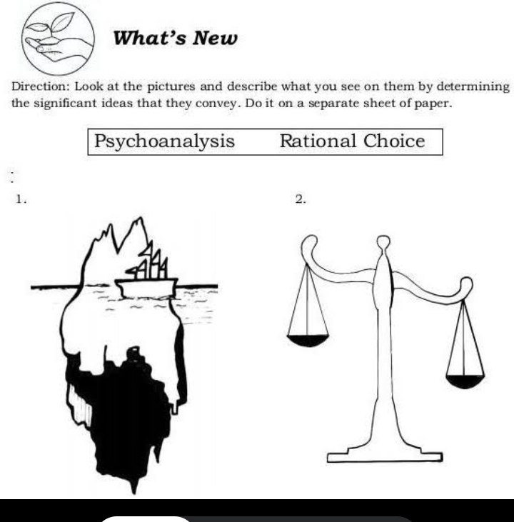 What’s New 
Direction: Look at the pictures and describe what you see on them by determining 
the significant ideas that they convey. Do it on a separate sheet of paper. 
Psychoanalysis Rational Choice 
1. 
2.