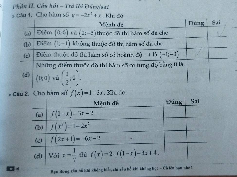 Phần II. Câu hỏi - Trả lời Đúng/sai
* Câu 1. Cho hàm số y=-2x^2+x. Khi đó:
” Câu 2. Cho hàm số f(x)=1-3x. Khi đó:
*
Bạn đừng xấu hỗ khi không biết, chỉ xấu hồ khi không học - Cổ lên bạn nhé !