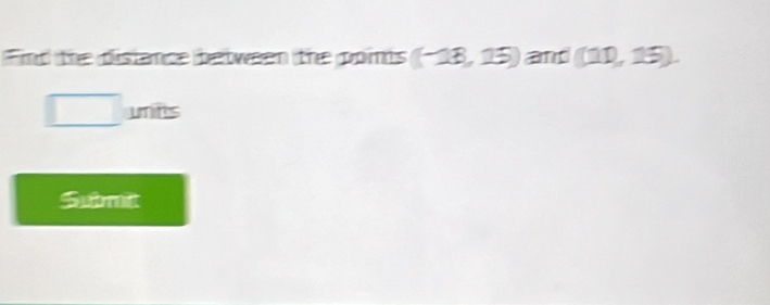 ind the distance between the poinis ((-18,15) and (11,15). 
uits 
Submitt