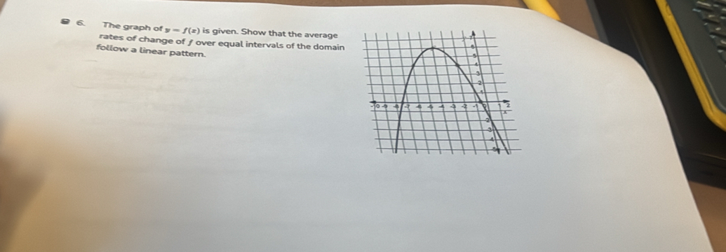 The graph of y=f(x) is given. Show that the average 
rates of change of f over equal intervals of the domain 
follow a linear pattern.