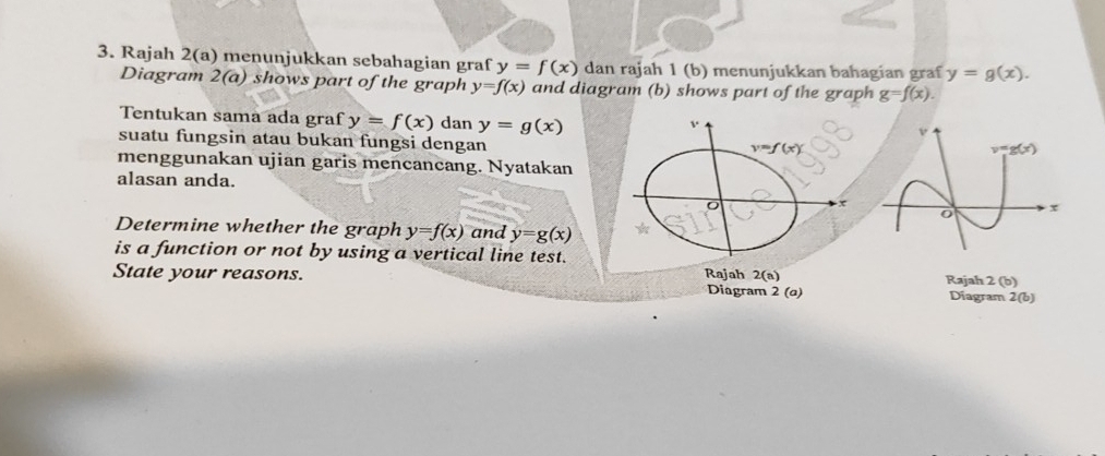 Rajah 2(a) menunjukkan sebahagian graf y=f(x) dan rajah 1 (b) menunjukkan bahagian graf y=g(x).
Diagram 2(a) shows part of the graph y=f(x) and diagram (b) shows part of the graph g=f(x).
Tentukan sama ada graf y=f(x) dan y=g(x)
suatu fungsin atau bukan fungsi dengan
menggunakan ujian garis mencancang. Nyatakan
alasan anda.
Determine whether the graph y=f(x) and y=g(x)
is a function or not by using a vertical line test.
State your reasons. Diagram 2 (o) Rajah 2 (b) Diagram 2(b)