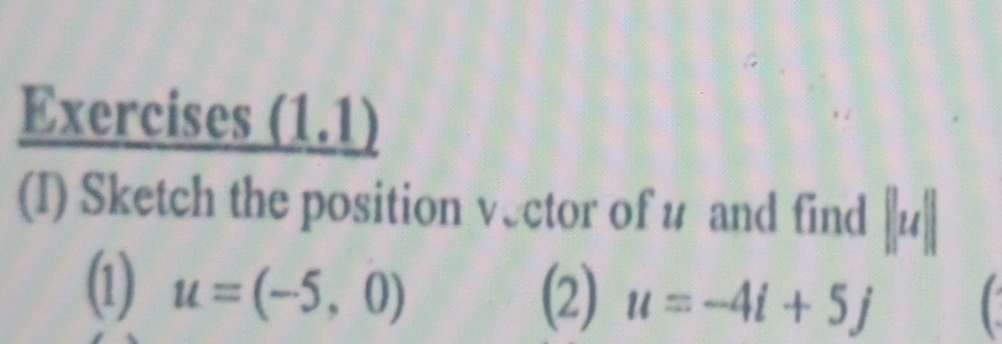 Exercises _ (1,1)
(I) Sketch the position vector of u and find ||u||
(1 u=(-5,0) (2) u=-4i+5j