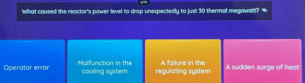 6/10
What caused the reactor's power level to drop unexpectedly to just 30 thermal megawatt?
Malfunction in the A failure in the
Operator error A sudden surge of heat
cooling system regulating system