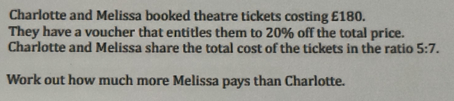 Charlotte and Melissa booked theatre tickets costing £180. 
They have a voucher that entitles them to 20% off the total price. 
Charlotte and Melissa share the total cost of the tickets in the ratio 5:7. 
Work out how much more Melissa pays than Charlotte.