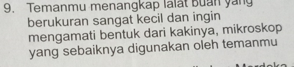 Temanmu menangkap lalat buan yang 
berukuran sangat kecil dan ingin 
mengamati bentuk dari kakinya, mikroskop 
yang sebaiknya digunakan oleh temanmu