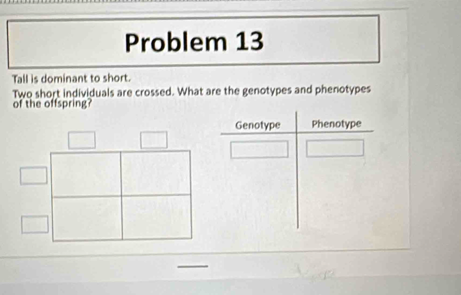 Problem 13 
Tall is dominant to short. 
Two short individuals are crossed. What are the genotypes and phenotypes 
of the offspring? 
_