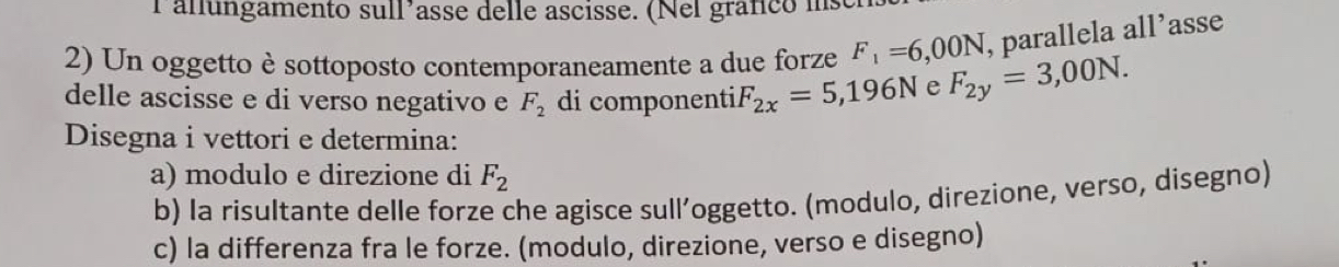 Pallungamento sull’asse delle ascisse. (Nel gráfico ms 
, parallela all’asse 
2) Un oggetto è sottoposto contemporaneamente a due forze F_1=6,00N F_2y=3,00N. 
delle ascisse e di verso negativo e F_2 di componenti F_2x=5,196N e 
Disegna i vettori e determina: 
a) modulo e direzione di F_2
b) la risultante delle forze che agisce sull’oggetto. (modulo, direzione, verso, disegno) 
c) la differenza fra le forze. (modulo, direzione, verso e disegno)