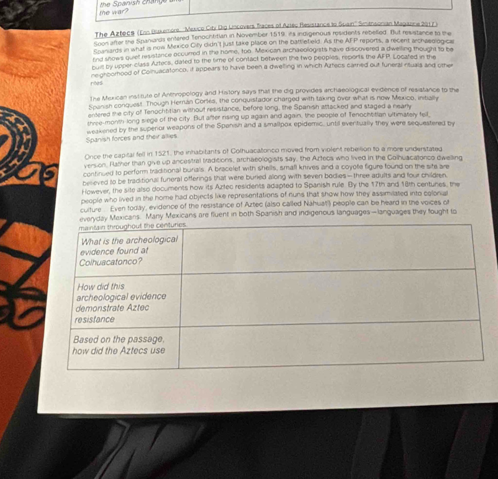 the Spanish changa 
the war? 
The Aztecs (Ern Blakemore: ''Mexico City Dig Uncovers Traces of Aztec Resistarce to Spain'' Sinitnsonian Magazine 2017) 
Soon after the Spaniards entered Tenochtitian in November 1519, its indigenous residents rebelled. But resistance to the 
Spaniards in what is now Mexico City didn't just take place on the battlefield. As the AFP reports, a recent archaeological 
find shows quiet resistance occurred in the home, too. Mexican archaeologists have discovered a dwelling thought to be 
built by upper-class Aztecs, dated to the time of contact between the two peoples, reports the AFP. Located in the 
neighborhood of Coihuacatonco, if appears to have been a dwelling in which Aztecs carried out funeral ntuals and other 
rites 
The Mexican institute of Anthropology and History says that the dig provides archaeological evidence of resistance to the 
Spanish conquest. Though Hernán Cortés, the conquistador charged with taking over what is now Mexico, initially 
entered the city of Tenochtitian without resistance, before long, the Spanish attacked and staged a nearly 
three-month-long siege of the city. But after rising up again and again, the people of Tenochtitian ultimately fell, 
weakened by the superior weapons of the Spanish and a smallpox epidemic, until eventually they were sequestered by 
Spanish forces and their allies 
Once the capital fell in 1521, the inhabitants of Colhuacatonco moved from violent rebeilion to a more understated 
version. Rather than give up ancestral traditions, archaeologists say, the Aztecs who lived in the Colhuacatonco dwelling 
continued to perform traditional burials. A bracelet with shells, small knives and a coyote figure found on the site are 
believed to be traditional funeral offerings that were buried along with seven bodies - three adults and four children. 
However, the site also documents how its Aztec residents adapted to Spanish rule. By the 17th and 18th centunes, the 
people who lived in the home had objects like representations of nuns that show how they assimilated into colonial 
culture Even today, evidence of the resistance of Aztec (also called Nahuatl) people can be heard in the voices of 
. Many Mexicans are fluent in both Spanish and indigenous languages—languages they fought to