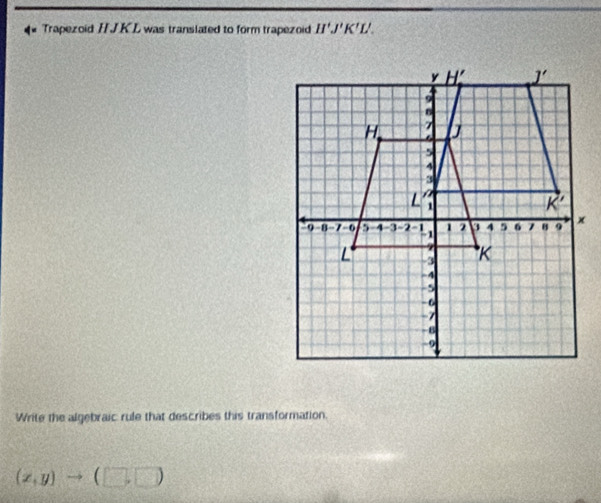 Trapezoid HJKL was translated to form trapezoid H'J'K'L'.
Write the algebraic rule that describes this transformation
(x,y)to (□ ,□ )