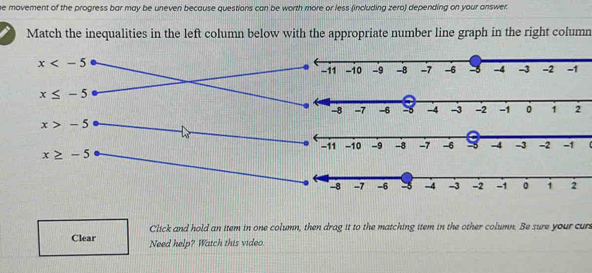 he movement of the progress bar may be uneven because questions can be worth more or less (including zero) depending on your answer. 
Match the inequalities in the left column below with the appropriate number line graph in the right column
x
x≤ -5
−8 -7 -6 -5 -4 -3 -2 -1 0 1 2
x>-5
-11 -10 -9 -8 -7 -6 -5 -4 -3 -2 -1
x≥ -5
Click and hold an item in one column, then drag it to the matching item in the other column. Be sure your curs 
Clear 
Need help? Watch this video.