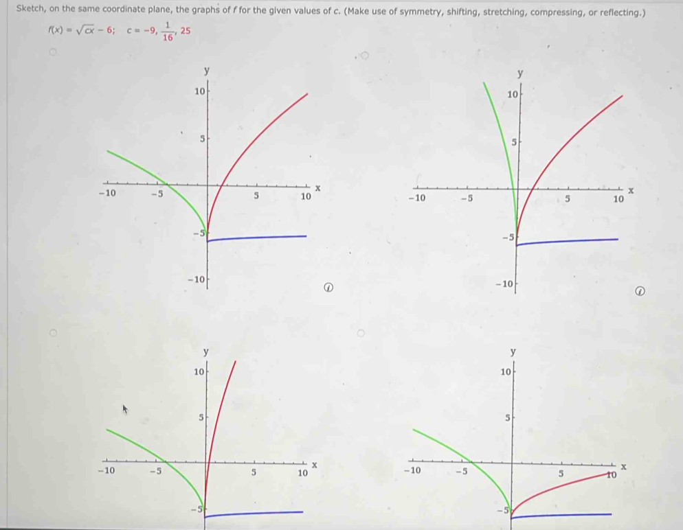 Sketch, on the same coordinate plane, the graphs of f for the given values of c. (Make use of symmetry, shifting, stretching, compressing, or reflecting.)
f(x)=sqrt(cx)-6; c=-9,  1/16 , 25