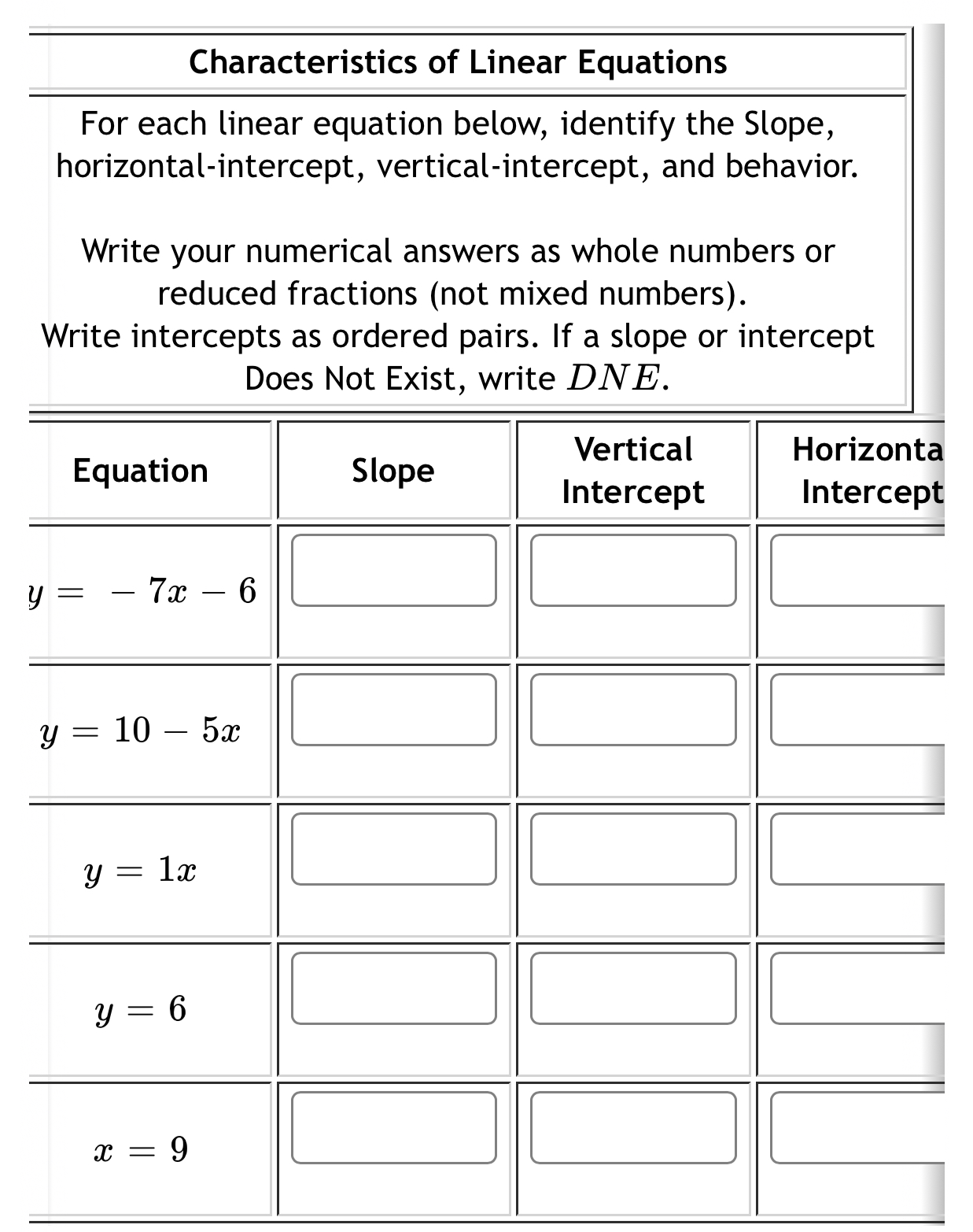 Characteristics of Linear Equations
For each linear equation below, identify the Slope,
horizontal-intercept, vertical-intercept, and behavior.
Write your numerical answers as whole numbers or
reduced fractions (not mixed numbers).
Write intercepts as ordered pairs. If a slope or intercept
a
t