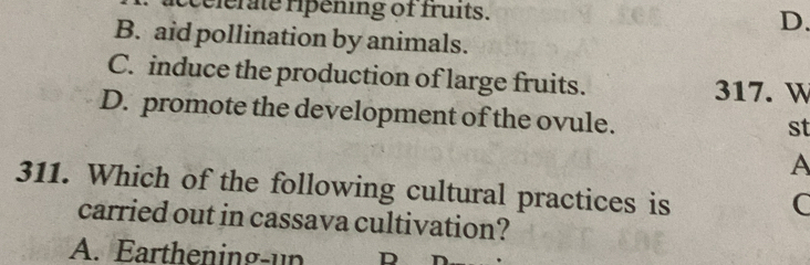 celerate ripening of fruits. D.
B. aid pollination by animals.
C. induce the production of large fruits. 317. W
D. promote the development of the ovule.
st
A
311. Which of the following cultural practices is
C
carried out in cassava cultivation?
A. Earthening-un D