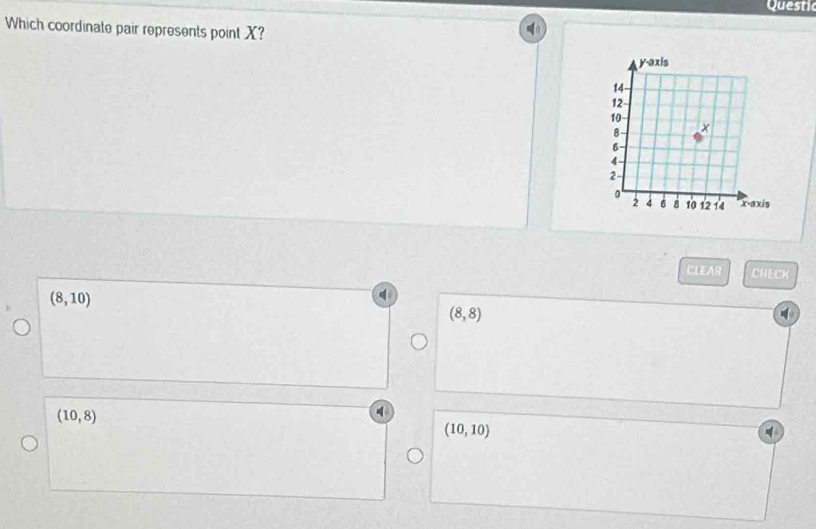 Questic
Which coordinate pair represents point X?
CLEAR CHECK
(8,10)
(8,8)
(10,8)
(10,10)