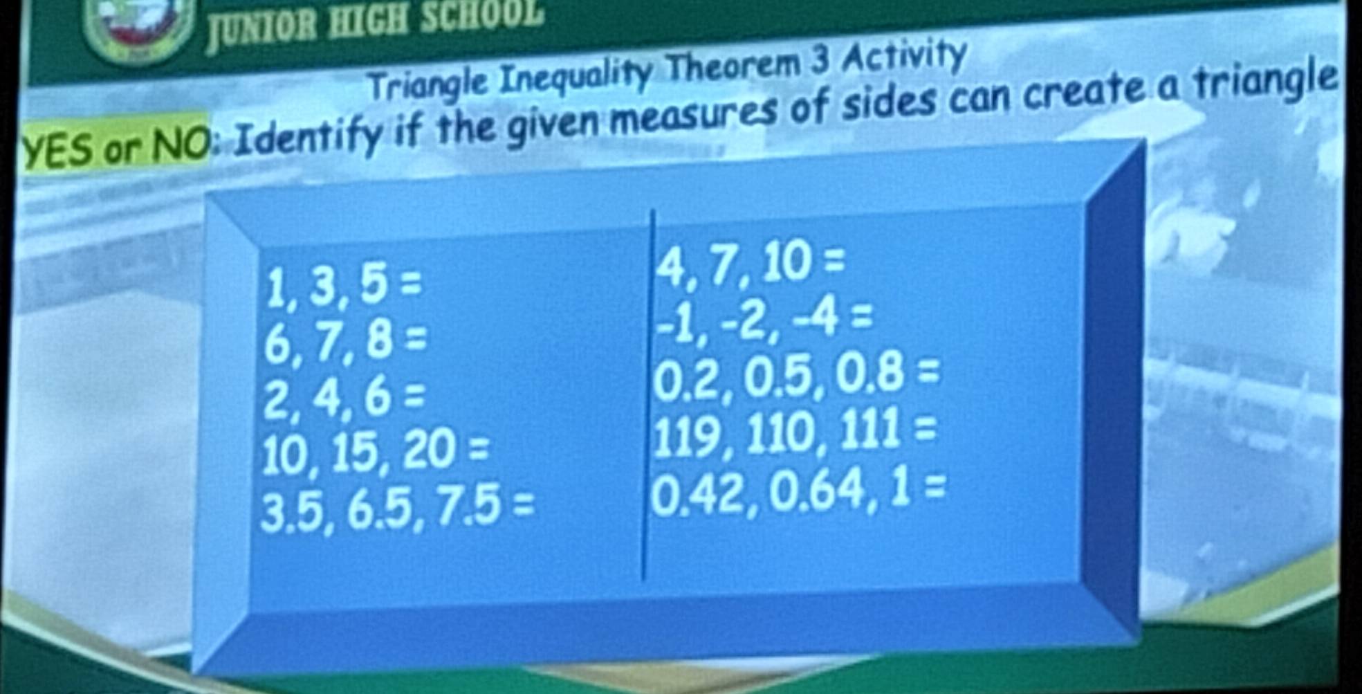 JUNIOR HIGH SCHOOL 
Triangle Inequality Theorem 3 Activity 
YES or NO: Identify if the given measures of sides can create a triangle
1,3,5=
4,7,10=
6,7,8=
-1,-2,-4=
2,4,6=
0.2,0.5, 0.8=
10,15,20=
119,110,111=
3.5,6.5, 7.5=
0.42, 0.64,1=