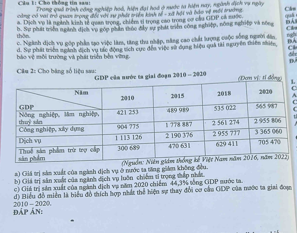 Cho thông tin sau:
Trong quá trình công nghiệp hoá, hiện đại hoá ở nước ta hiện nay, ngành dịch vụ ngày Câu
càng có vai trò quan trọng đối với sự phát triển kinh tế - xã hội và bảo vệ môi trường.
a. Dịch vụ là ngành kinh tế quan trọng, chiếm tỉ trọng cao trong cơ cấu GDP cả nước,
quá
b. Sự phát triển ngành dịch vụ góp phần thúc đây sự phát triển công nghiệp, nông nghiệp và nông Đái
Câu
thôn. ngh
c. Ngành dịch vụ góp phần tạo việc làm, tăng thu nhập, nâng cao chất lượng cuộc sống người dân.
d. Sự phát triển ngành dịch vụ tác động tích cực đến việc sử dụng hiệu quả tài nguyên thiên nhiên, Đá
Câ
bảo vệ môi trường và phát triển bền vững.
đến
Đá
Câu 2: Cho bảng số liệu sau:
c ta giai đoạn 2010 - 2020 .
C
A
C
C
t
a) Giá trị sản xuất của ngành dịch vụ ở nước ta tăng giảm không đều.
b) Giá trị sản xuất của ngành dịch vụ luôn chiếm tỉ trọng thấp nhất.
c) Giá trị sản xuất của ngành dịch vụ năm 2020 chiếm 44, 3% tổng GDP nước ta.
d) Biểu đồ miền là biểu đồ thích hợp nhất thể hiện sự thay đổi cơ cấu GDP của nước ta giai đoạn
2010 - 2020.
ĐÁP ÁN: