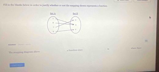 Fill in the blanks below in order to justify whether or not the mapping shown represents a function. 
Anawoer = = = = 
The mapping diagram above a fanction since in where there 
===ath N=====