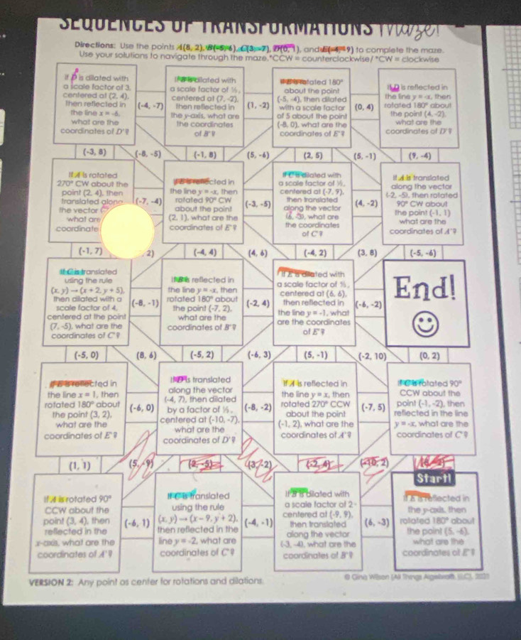 quences uf tran s  pur Mation  t      
Directions: Use the points A(8,2) B(-5,6), G(3)=7),D(6,1) ), ande (-, -9) to complete the maze.
V