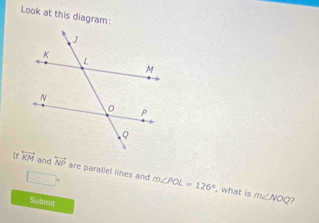 Look at this diagram:
If  and overleftrightarrow NP are parallel lines and m∠ POL=126°
□°
, what is m∠ NOQ
Submit