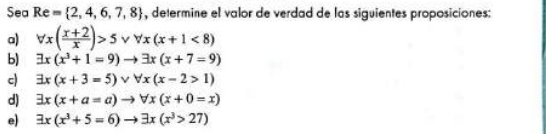 Sea Re= 2,4,6,7,8 , determine el valor de verdad de las siguientes proposiciones: 
a) forall x( (x+2)/x )>5vee forall x(x+1<8)
b) exists x(x^3+1=9)to exists x(x+7=9)
c) exists x(x+3=5)vee forall x(x-2>1)
d) exists x(x+a=a)to forall x(x+0=x)
e) exists x(x^3+5=6)to exists x(x^3>27)