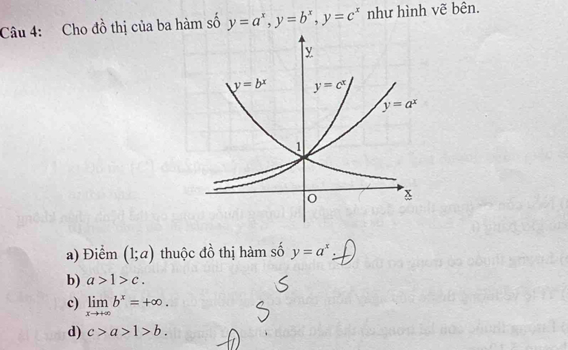 Cho đồ thị của ba hàm số y=a^x,y=b^x,y=c^x như hình vẽ bên.
a) Điểm (1;a) thuộc đồ thị hàm số y=a^x.
b) a>1>c.
c) limlimits _xto +∈fty b^x=+∈fty .
d) c>a>1>b.