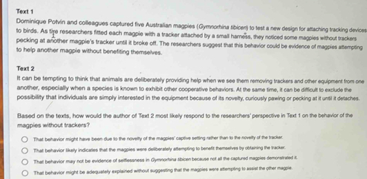 Solved: Text 1 Dominique Potvin and colleagues captured five Australian ...