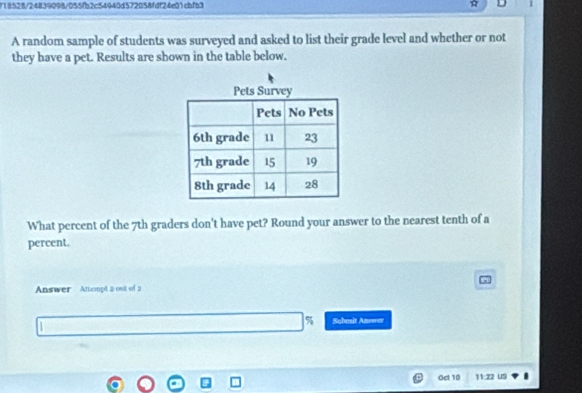 18528/24839098/055fb2c54940d572058fdf24e01cbfb3 D 
A random sample of students was surveyed and asked to list their grade level and whether or not 
they have a pet. Results are shown in the table below. 
What percent of the 7th graders don't have pet? Round your answer to the nearest tenth of a 
percent. 
Answer Attempt 2 out of 2
% Submit Answer 
Ocl 10 11:22 US I