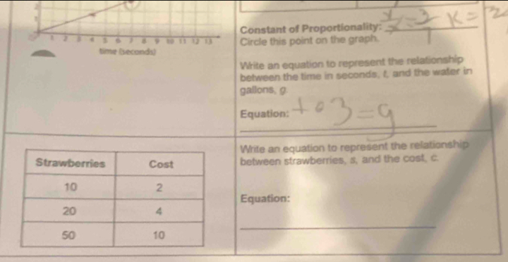 Constant of Proportionality: 
Circle this point on the graph. 
rite an equation to represent the relationship 
between the time in seconds, I, and the water in
gallons, g. 
_ 
Equation: 
Write an equation to represent the relationship 
between strawberries, s, and the cost, c. 
Equation: 
_