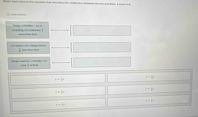 Match each story to the equation that describes the relationship between the two quantities. (Lesson 4-4) 
Instructions 
Diego collected x kg of 
recycling. Lin collected  2/5 
more than that. 
Lin biked x km. Diego biked
 1/10  less than that 
Diego read for x minutes. Lin 
read  4/7  of that
y= 7/5 x
y= 1/10 x
y= 7/10 x
y= 2/5 x
y=|x
y= 3/7 x