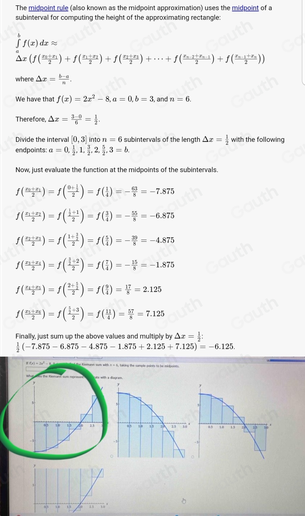 Solved: If f(x)=2x^2-8, 0≤ x≤ 3 , find the Riemann sum with n=6 ...