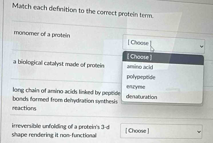 Match each defnition to the correct protein term.
monomer of a protein
[ Choose
[ Choose ]
a biological catalyst made of protein amino acid
polypeptide
enzyme
long chain of amino acids linked by peptide denaturation
bonds formed from dehydration synthesis
reactions
irreversible unfolding of a protein's 3-d [ Choose ]
shape rendering it non-functional