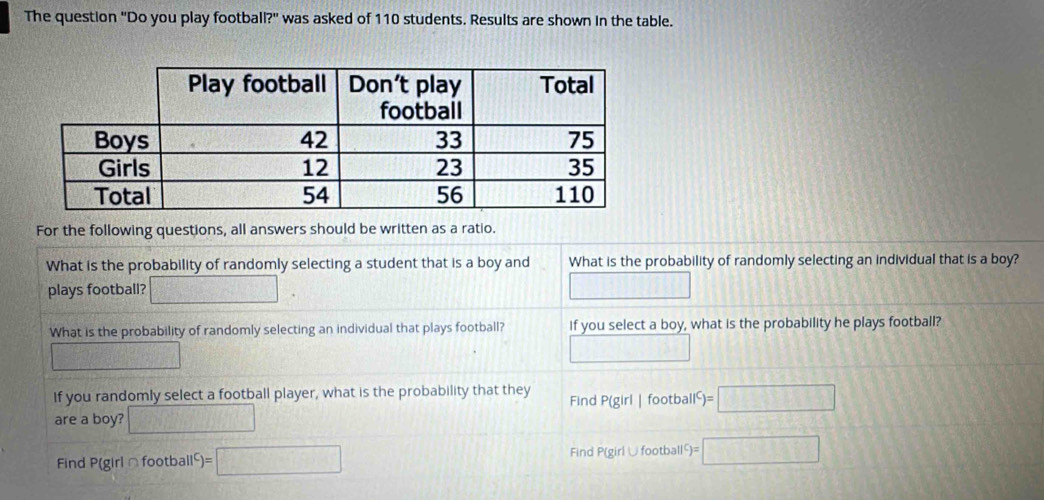 The question 'Do you play football?' was asked of 110 students. Results are shown in the table. 
For the following questions, all answers should be written as a ratio. 
What is the probability of randomly selecting a student that is a boy and What is the probability of randomly selecting an individual that is a boy? 
plays football? □
0.□ □
What is the probability of randomly selecting an individual that plays football? If you select a boy, what is the probability he plays football?
f(x)=-(-2)=0
_  
If you randomly select a football player, what is the probability that they 
are a boy? □ Find P(girl | football
Find P(girl ∩ football²) =□ Find P(girl ∪football²) f)=□