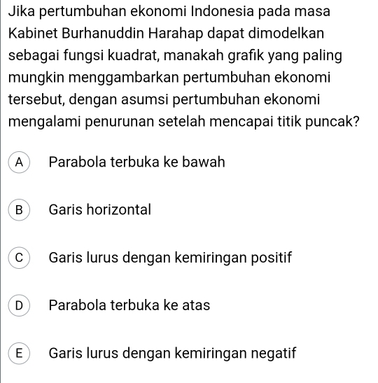 Jika pertumbuhan ekonomi Indonesia pada masa
Kabinet Burhanuddin Harahap dapat dimodelkan
sebagai fungsi kuadrat, manakah grafık yang paling
mungkin menggambarkan pertumbuhan ekonomi
tersebut, dengan asumsi pertumbuhan ekonomi
mengalami penurunan setelah mencapai titik puncak?
A Parabola terbuka ke bawah
B Garis horizontal
C Garis lurus dengan kemiringan positif
D Parabola terbuka ke atas
E Garis lurus dengan kemiringan negatif