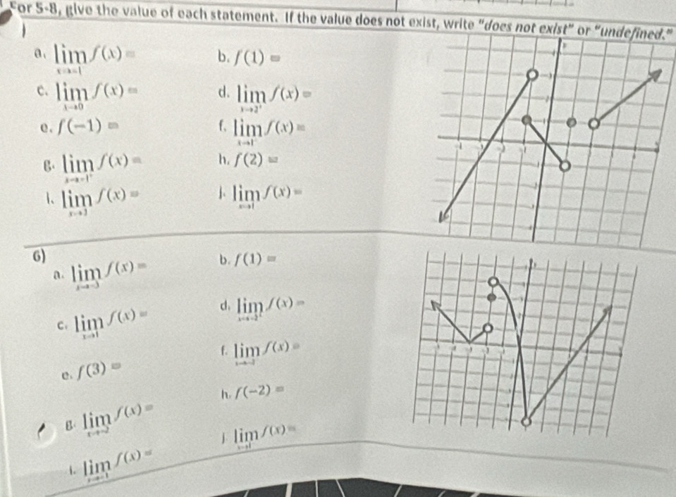 For 5· 8 3, give the value of each statement. If the value does not exist, write "does not exist" or “undefined." 
a. limlimits _xto -1f(x)=
b. f(1)=
d. 
c. limlimits _xto 0f(x)= limlimits _xto 2^+f(x)=
e. f(-1)= f, limlimits _xto 1f(x)=
B limlimits _xto -ff(x)= h. f(2)=
1、 limlimits _xto 1f(x)= limlimits _xto 1f(x)=
6) limlimits _xto -3f(x)=
b. f(1)=
a. 
C. limlimits _xto 1f(x)=
d. limlimits _xto -2f(x)=
f. limlimits _xto -3f(x)=
f(3)=
h. f(-2)=
B limlimits _xto 2f(x)=  limlimits _xto 0f(x)=
1. limlimits _xto -1f(x)=