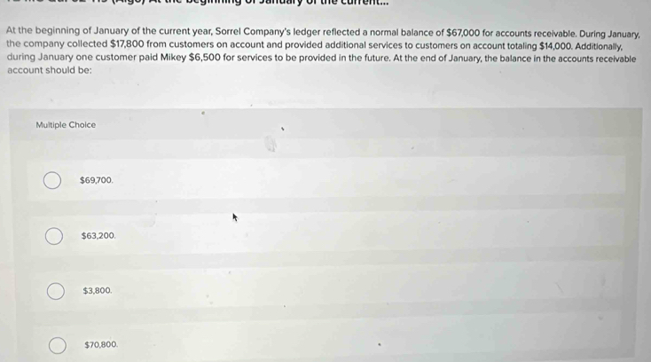 At the beginning of January of the current year, Sorrel Company's ledger reflected a normal balance of $67,000 for accounts receivable. During January,
the company collected $17,800 from customers on account and provided additional services to customers on account totaling $14,000. Additionally,
during January one customer paid Mikey $6,500 for services to be provided in the future. At the end of January, the balance in the accounts receivable
account should be:
Multiple Choice
$69,700.
$63,200.
$3,800.
$70,800.