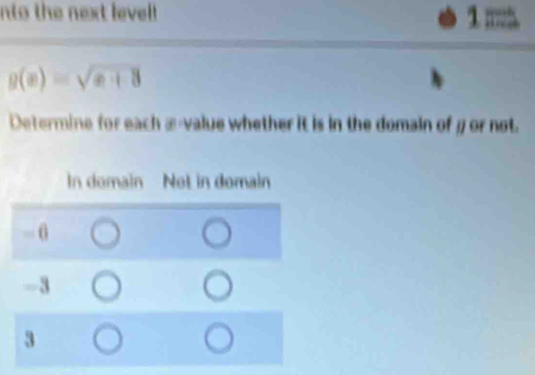 nto the next level 1 ==
g(x)=sqrt(x+8)
Determine for each æ-value whether it is in the domain of gor not.