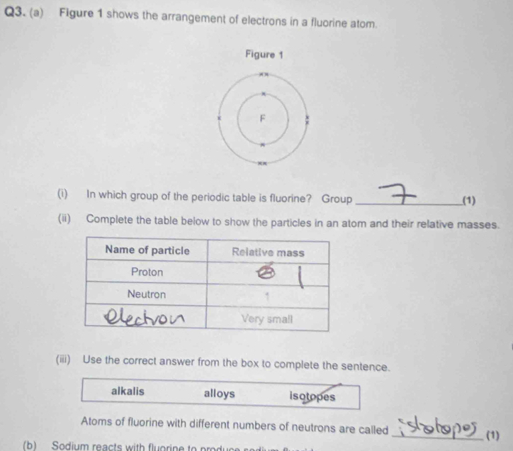 Figure 1 shows the arrangement of electrons in a fluorine atom.
Figure 1
F
(i) In which group of the periodic table is fluorine? Group _(1)
(ii) Complete the table below to show the particles in an atom and their relative masses.
(iii) Use the correct answer from the box to complete the sentence.
alkalis alloys isotopes
Atoms of fluorine with different numbers of neutrons are called
_(1)
(b) Sodium reacts with fluorine to produ