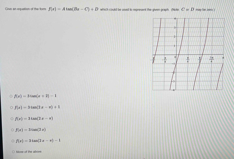 Give an equation of the form f(x)=Atan (Bx-C)+D which could be used to represent the given graph. (Note: C or D may be zero.)
f(x)=3tan (x+2)-1
f(x)=3tan (2x-π )+1
f(x)=3tan (2x-π )
f(x)=3tan (2x)
f(x)=3tan (2x-π )-1
None of the above.