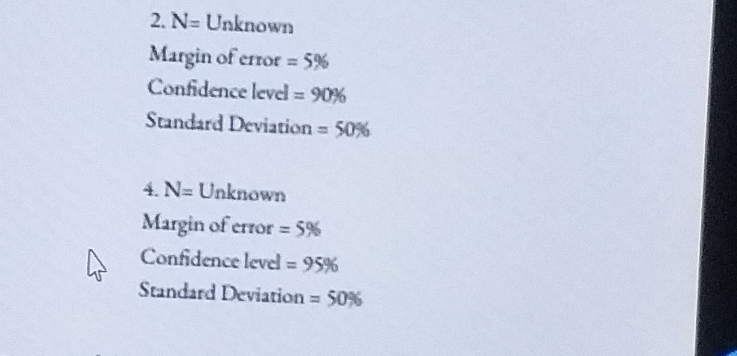 N= Unknown
Margin of error =5%
Confidence level =90%
Standard Deviation =50%
4. N= Unknown
Margin of error =5%
Confidence level =95%
Standard Deviation =50%