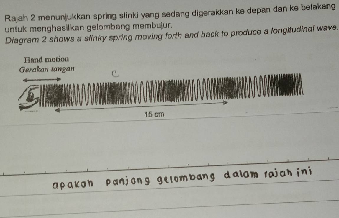 Rajah 2 menunjukkan spring slinki yang sedang digerakkan ke depan dan ke belakang 
untuk menghasilkan gelombang membujur. 
Diagram 2 shows a slinky spring moving forth and back to produce a longitudinal wave. 
Hand motion 
Gerakan tangan
15 cm