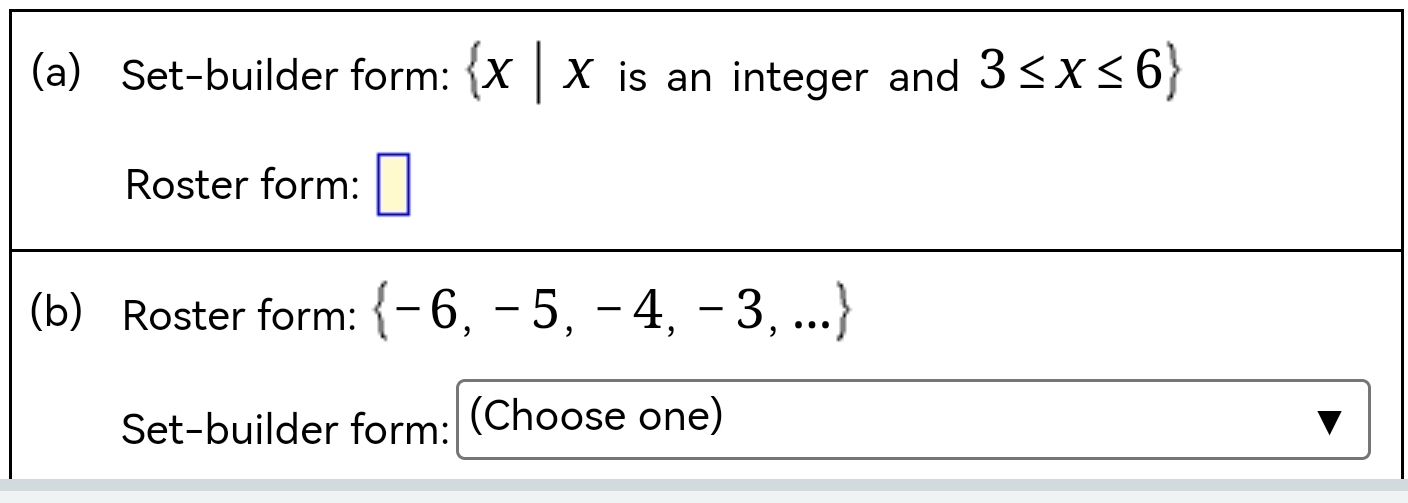 Set-builder form:  x|x is an integer and 3≤ x≤ 6
Roster form: 
(b) Roster form:  -6,-5,-4,-3,...
Set-builder form: (Choose one)