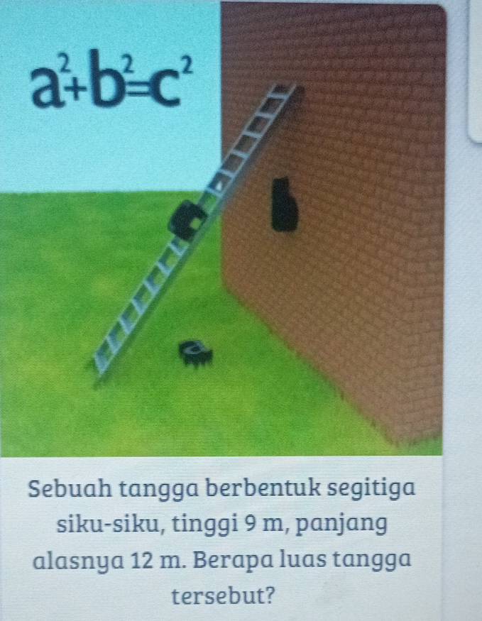 a^2+b^2=c^2
Sebuah tangga berbentuk segitiga 
siku-siku, tinggi 9 m, panjang 
alasnya 12 m. Berapa luas tangga 
tersebut?